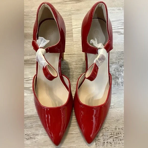 Red Chunky High Heel Shoes Pointed Toe, Ankle strap, Leather Upper Woman's 9 M - Picture 4 of 14